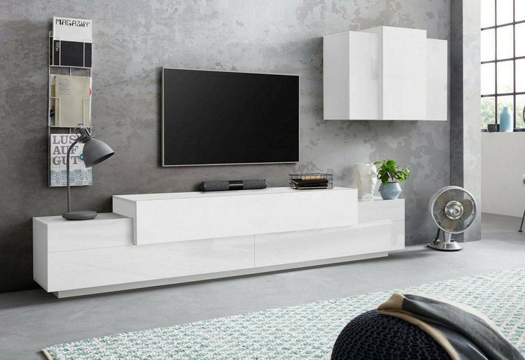 Parete attrezzata Dmar, Set salotto porta TV, Mobile soggiorno multiuso, 100% Made in Italy, cm 240x45h180, Bianco lucido