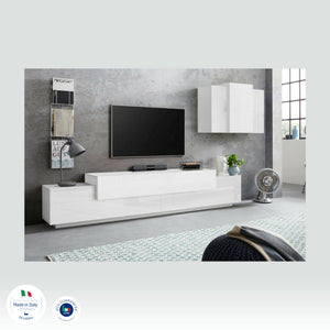 Parete attrezzata Dmar, Set salotto porta TV, Mobile soggiorno multiuso, 100% Made in Italy, cm 240x45h180, Bianco lucido