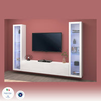 Parete attrezzata Dduc, Set salotto porta TV a 3 ante, Mobile soggiorno multiuso con vetrina e luce LED, 100% Made in Italy, cm 260x30h180, Bianco lucido