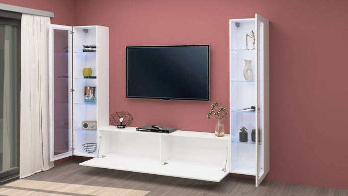 Parete attrezzata Dduc, Set salotto porta TV a 3 ante, Mobile soggiorno multiuso con vetrina e luce LED, 100% Made in Italy, cm 260x30h180, Bianco lucido