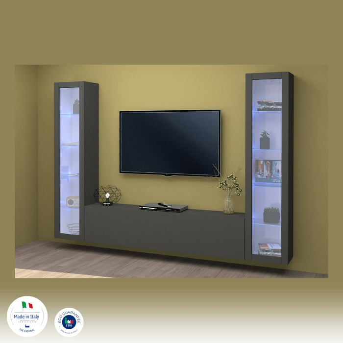 Parete attrezzata Dduc, Set salotto porta TV a 3 ante, Mobile soggiorno multiuso con vetrina e luce LED, 100% Made in Italy, cm 260x30h180, Antracite