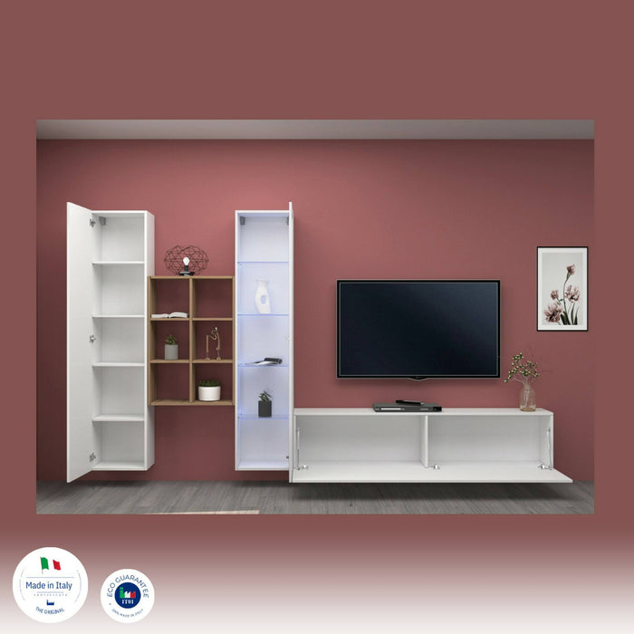 Parete attrezzata Dcragn, Set salotto porta TV a 3 ante, Mobile soggiorno multiuso con vetrina e luce LED, 100% Made in Italy, cm 320x30h180, Bianco lucido