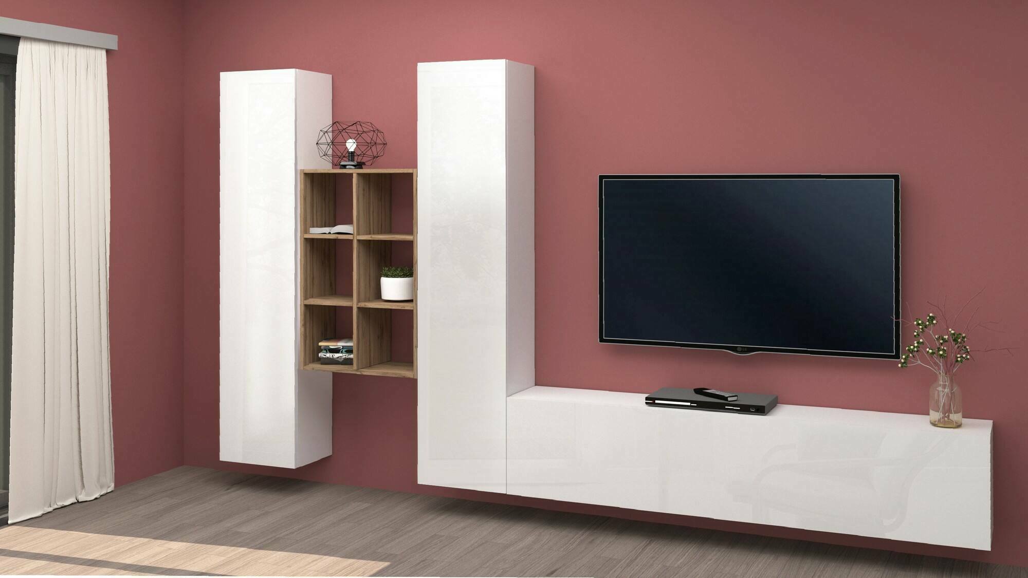 Parete attrezzata Dcola, Set salotto porta TV a 3 ante, Mobile soggiorno multiuso, 100% Made in Italy, cm 320x30h180, Bianco lucido e Acero