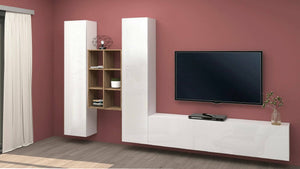 Parete attrezzata Dcola, Set salotto porta TV a 3 ante, Mobile soggiorno multiuso, 100% Made in Italy, cm 320x30h180, Bianco lucido e Acero