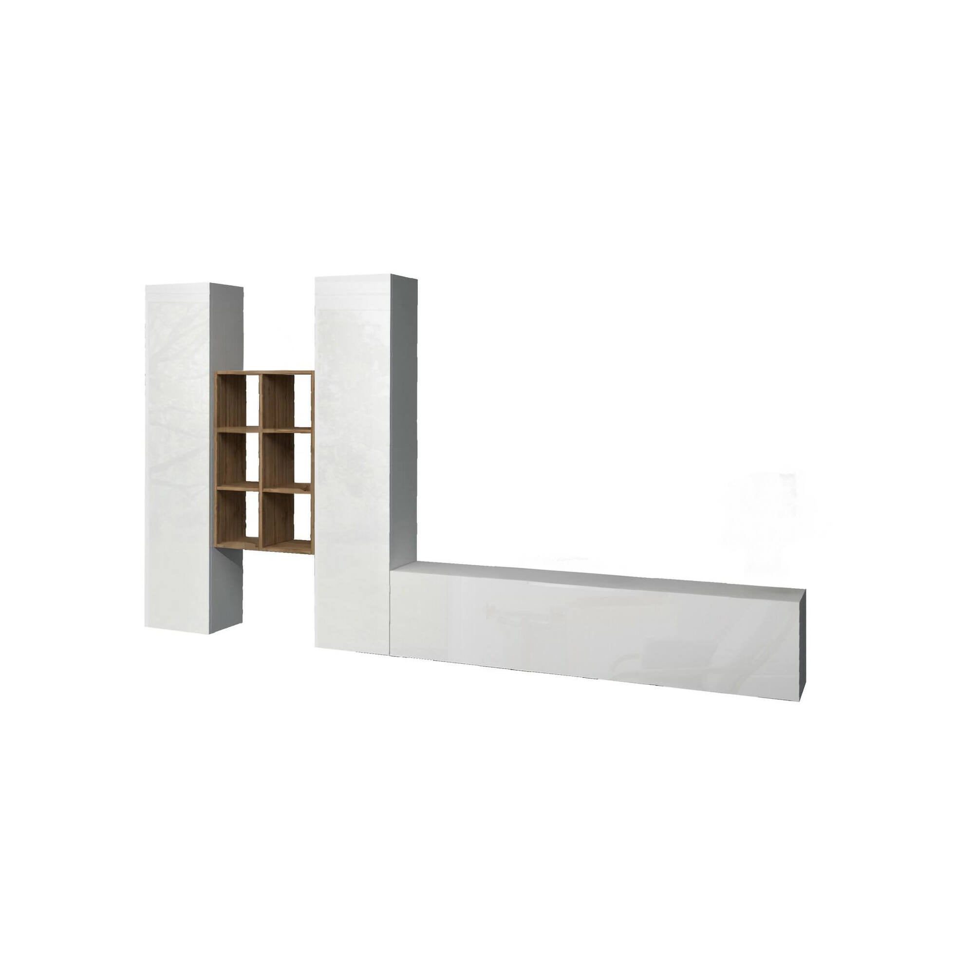 Parete attrezzata Dcola, Set salotto porta TV a 3 ante, Mobile soggiorno multiuso, 100% Made in Italy, cm 320x30h180, Bianco lucido e Acero