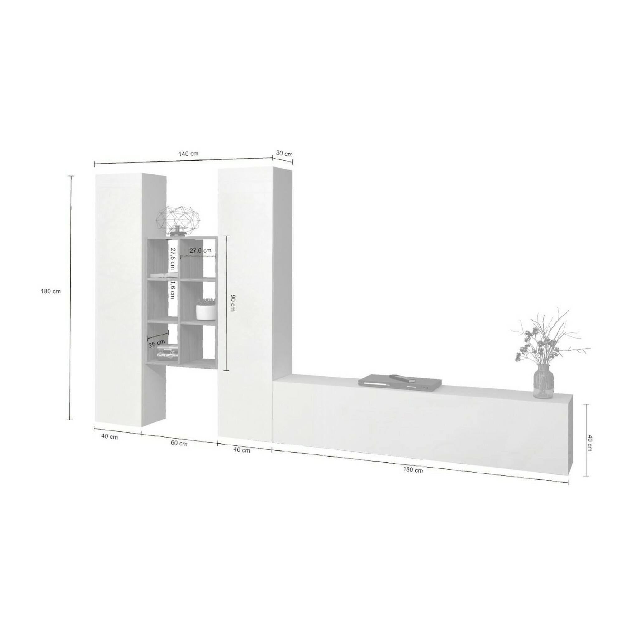 Parete attrezzata Dcola, Set salotto porta TV a 3 ante, Mobile soggiorno multiuso, 100% Made in Italy, cm 320x30h180, Bianco lucido e Acero