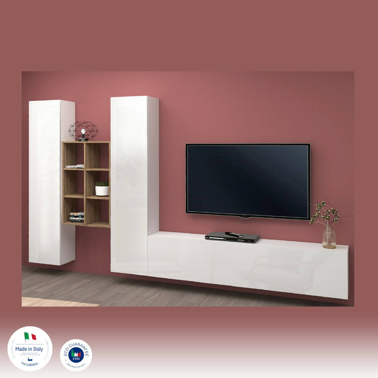 Parete attrezzata Dcola, Set salotto porta TV a 3 ante, Mobile soggiorno multiuso, 100% Made in Italy, cm 320x30h180, Bianco lucido e Acero