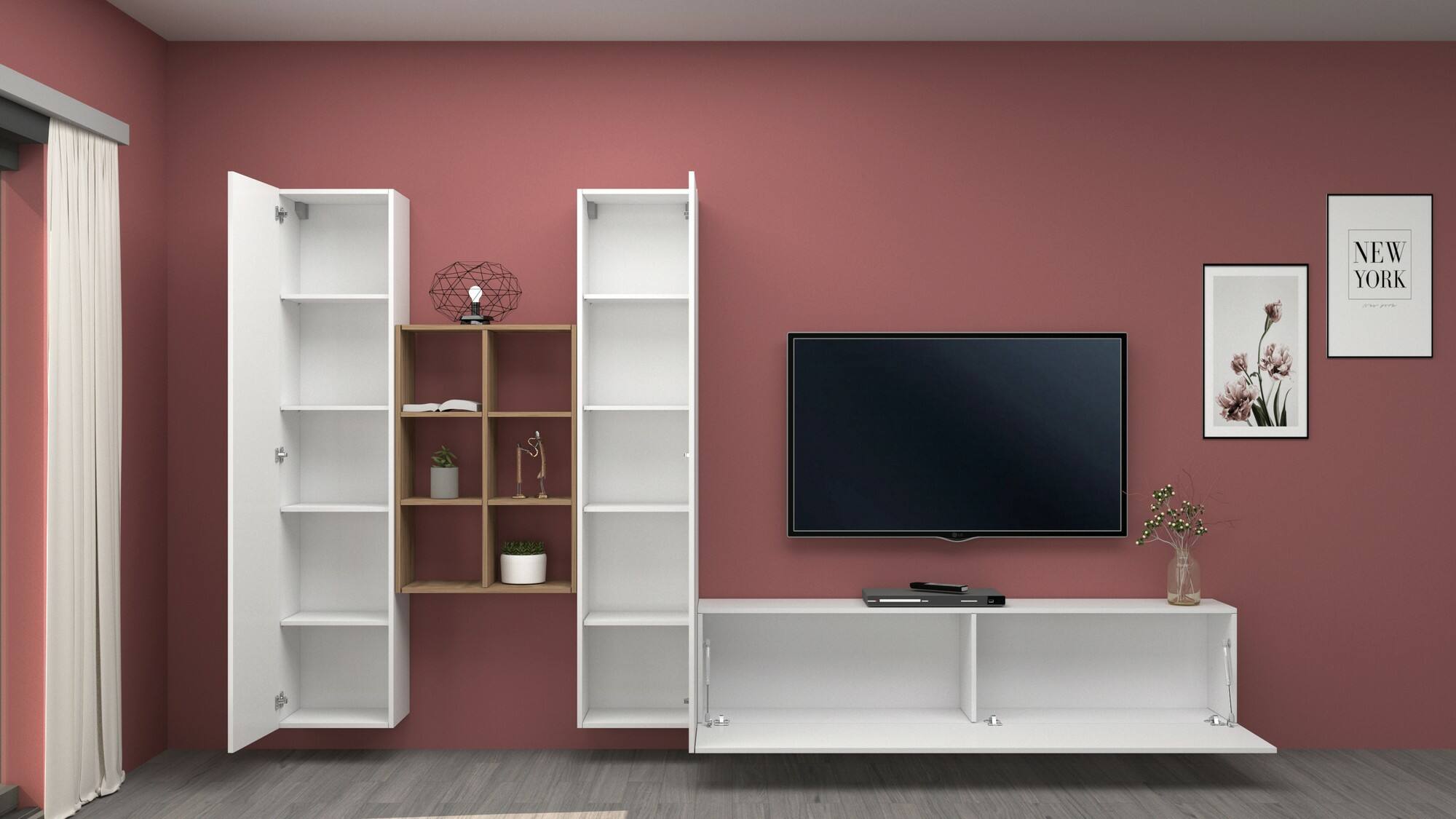 Parete attrezzata Dcola, Set salotto porta TV a 3 ante, Mobile soggiorno multiuso, 100% Made in Italy, cm 320x30h180, Bianco lucido e Acero