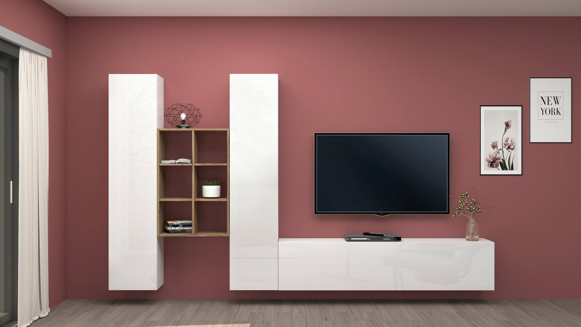 Parete attrezzata Dcola, Set salotto porta TV a 3 ante, Mobile soggiorno multiuso, 100% Made in Italy, cm 320x30h180, Bianco lucido e Acero