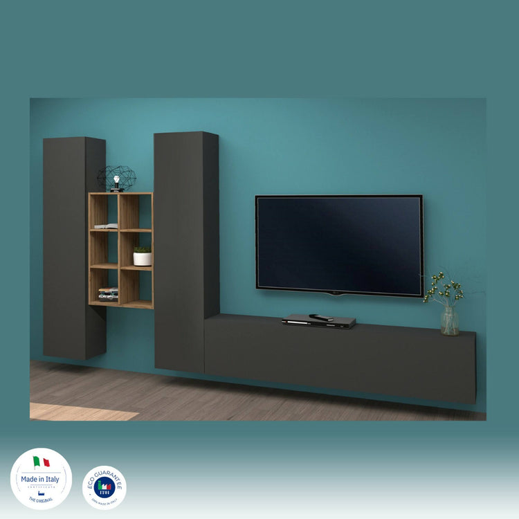 Parete attrezzata Dcola, Set salotto porta TV a 3 ante, Mobile soggiorno multiuso, 100% Made in Italy, cm 320x30h180, Antracite e Acero