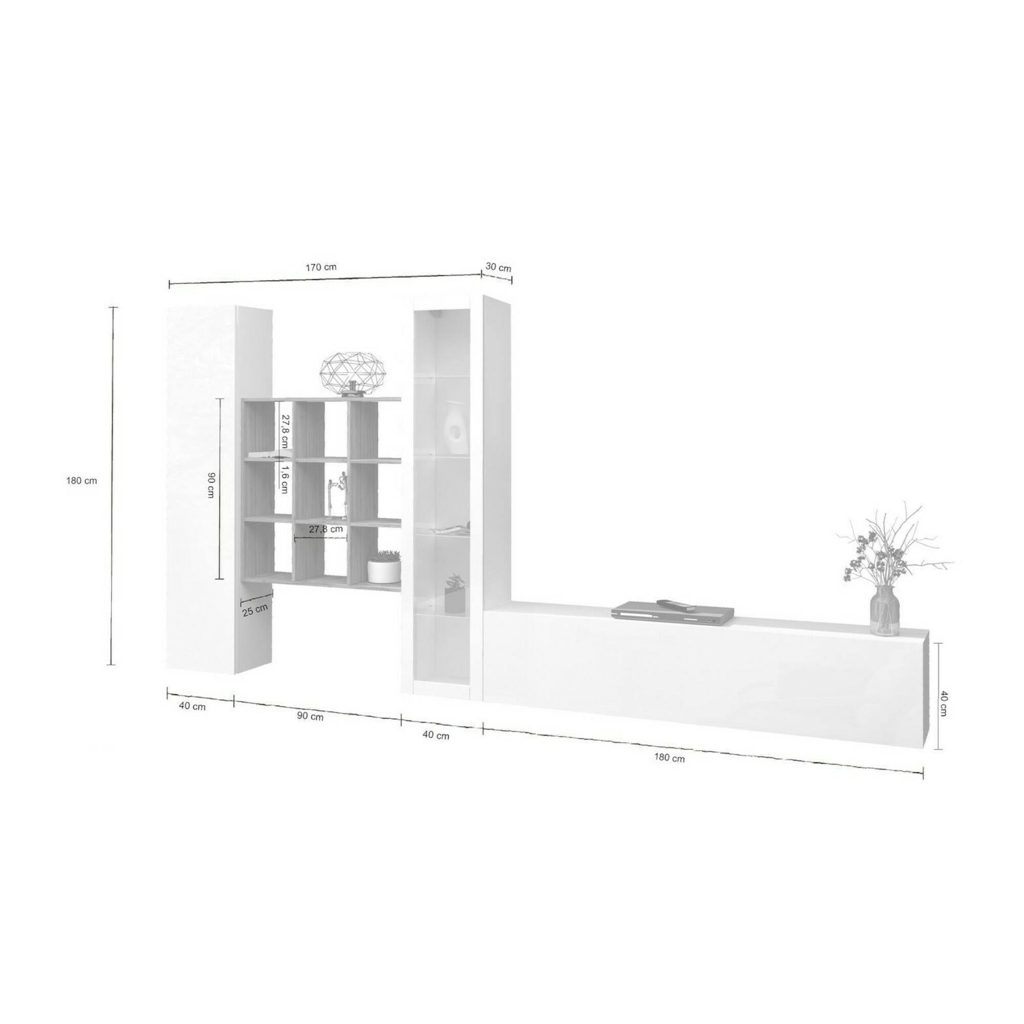 Parete attrezzata Dcolle, Set salotto porta TV a 3 ante, Mobile soggiorno multiuso con vetrina e luce LED, 100% Made in Italy, cm 310x30h180, Bianco lucido e Acero