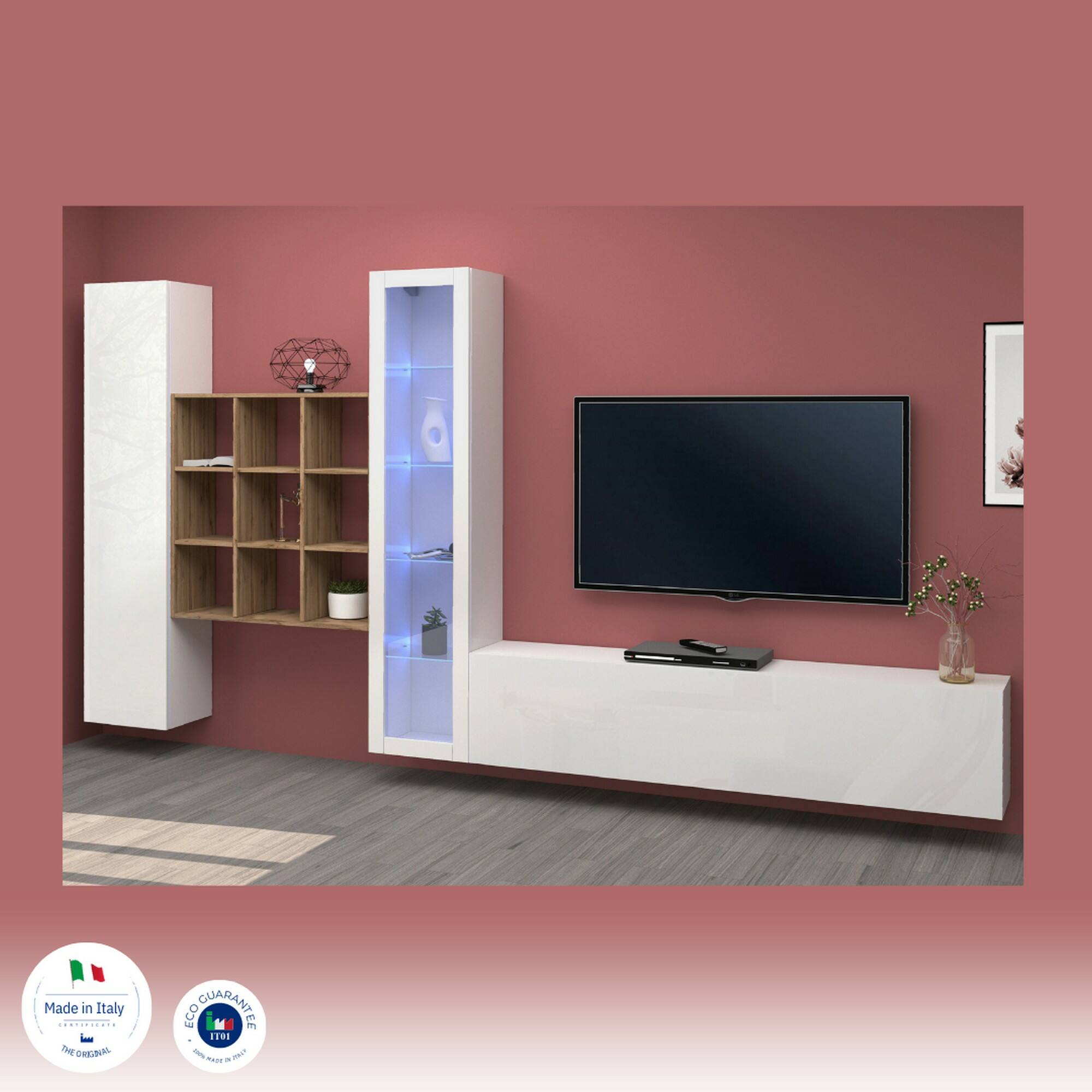 Parete attrezzata Dcolle, Set salotto porta TV a 3 ante, Mobile soggiorno multiuso con vetrina e luce LED, 100% Made in Italy, cm 310x30h180, Bianco lucido e Acero