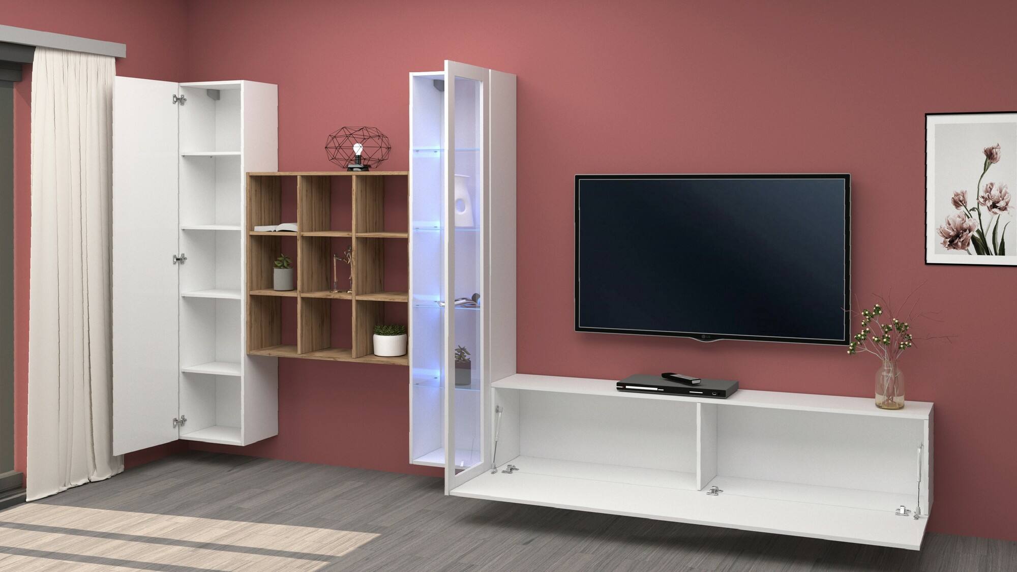 Parete attrezzata Dcolle, Set salotto porta TV a 3 ante, Mobile soggiorno multiuso con vetrina e luce LED, 100% Made in Italy, cm 310x30h180, Bianco lucido e Acero