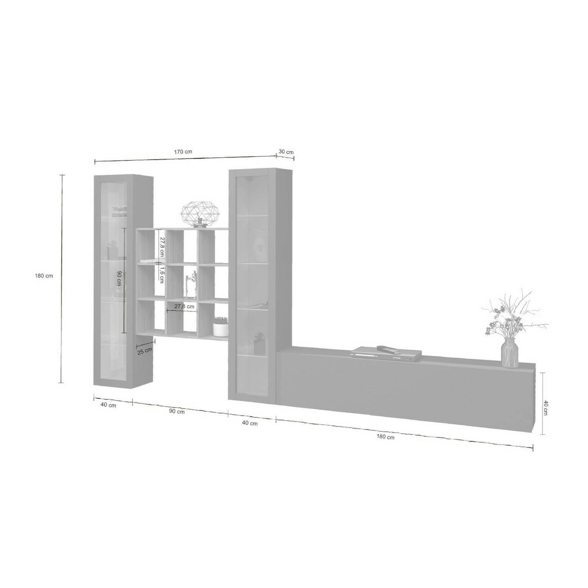 Parete attrezzata Dchiorr, Set salotto porta TV a 3 ante, Mobile soggiorno multiuso con vetrina e luce LED, 100% Made in Italy, cm 350x30h180, Antracite e Acero