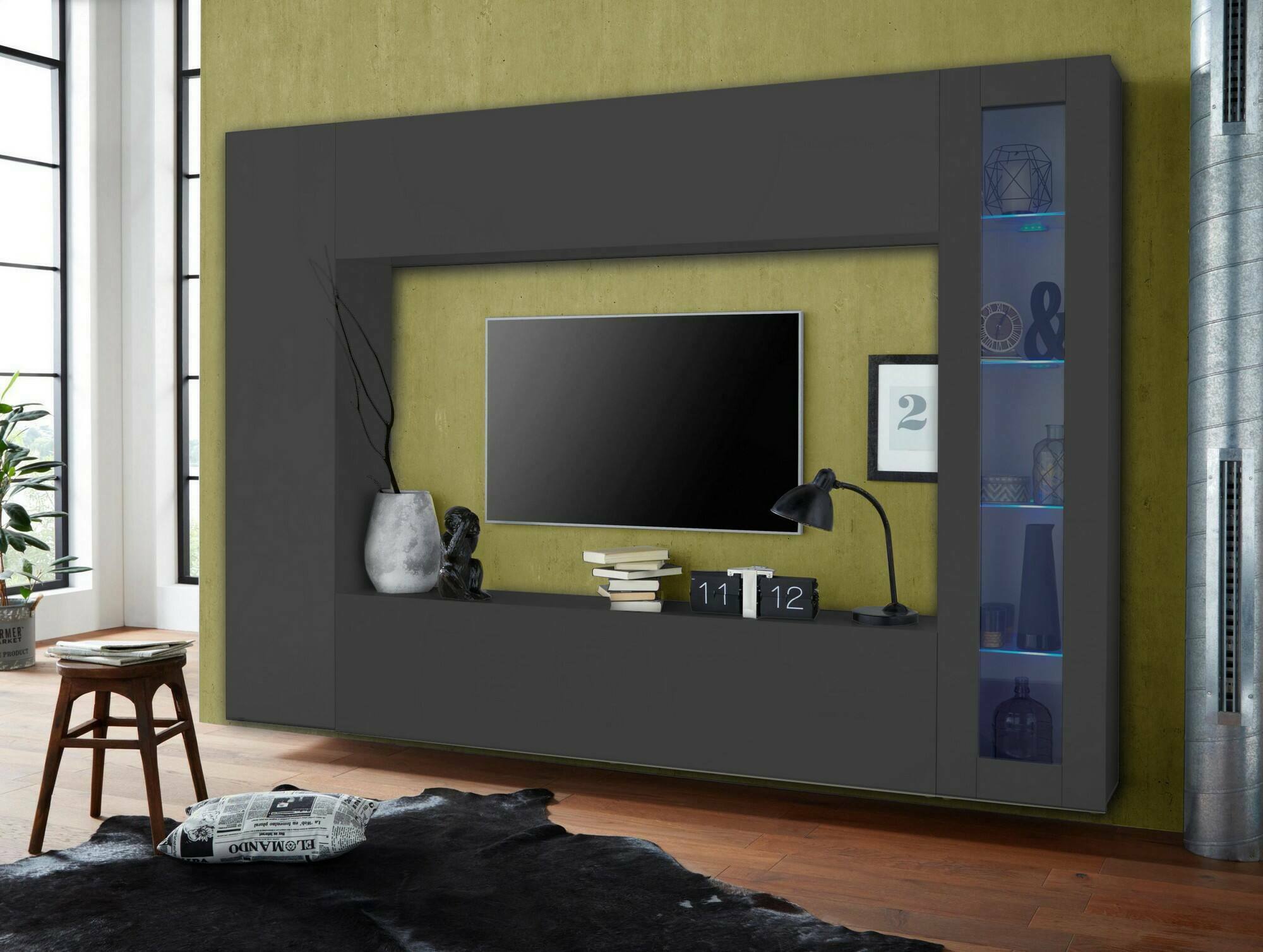 Parete attrezzata Dceid, Set salotto porta TV, Mobile soggiorno multiuso con vetrina e luce LED, 100% Made in Italy, cm 260x30h180, Antracite