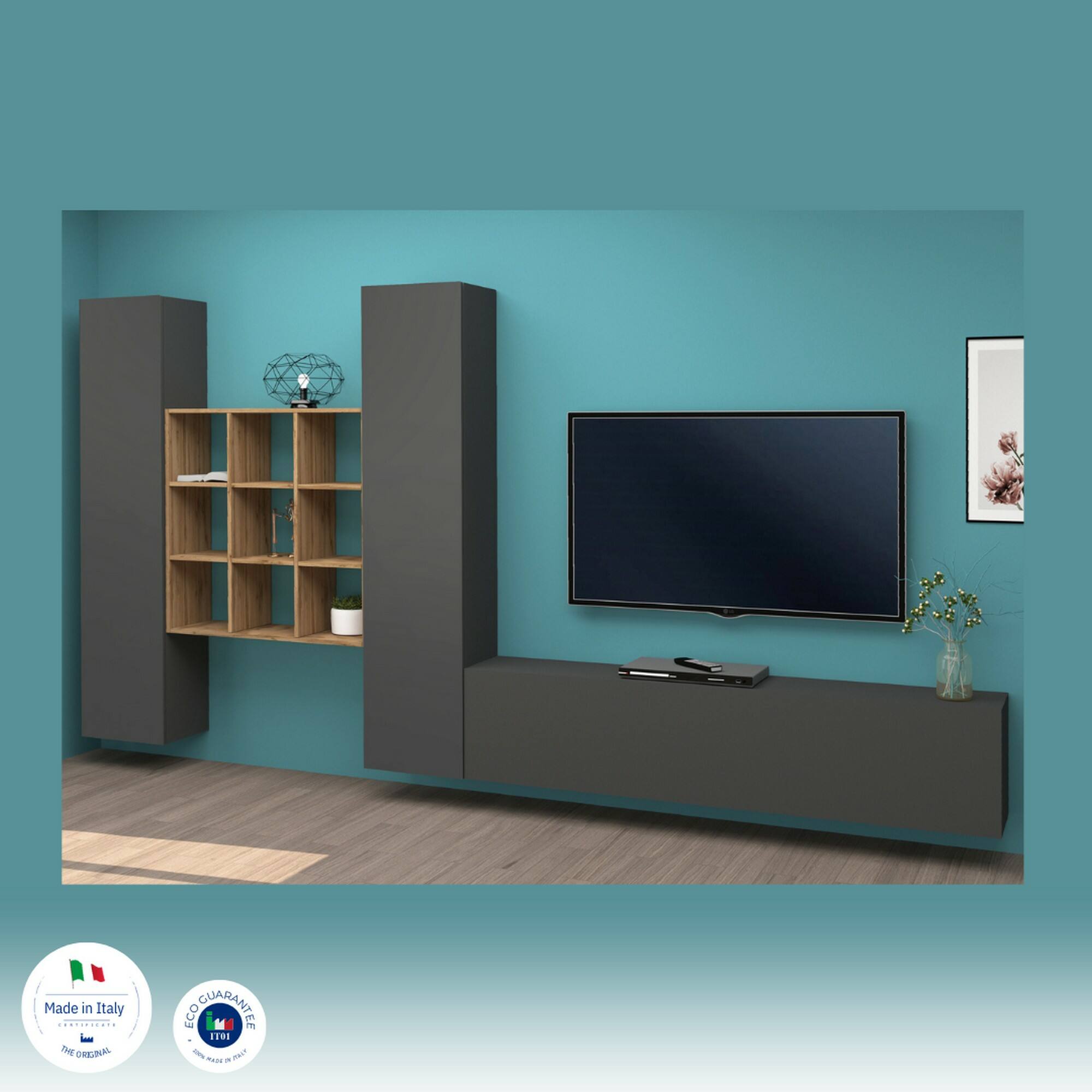 Parete attrezzata Dcarbon, Set salotto porta TV a 3 ante, Mobile soggiorno multiuso, 100% Made in Italy, cm 270x30h180, Antracite e Acero