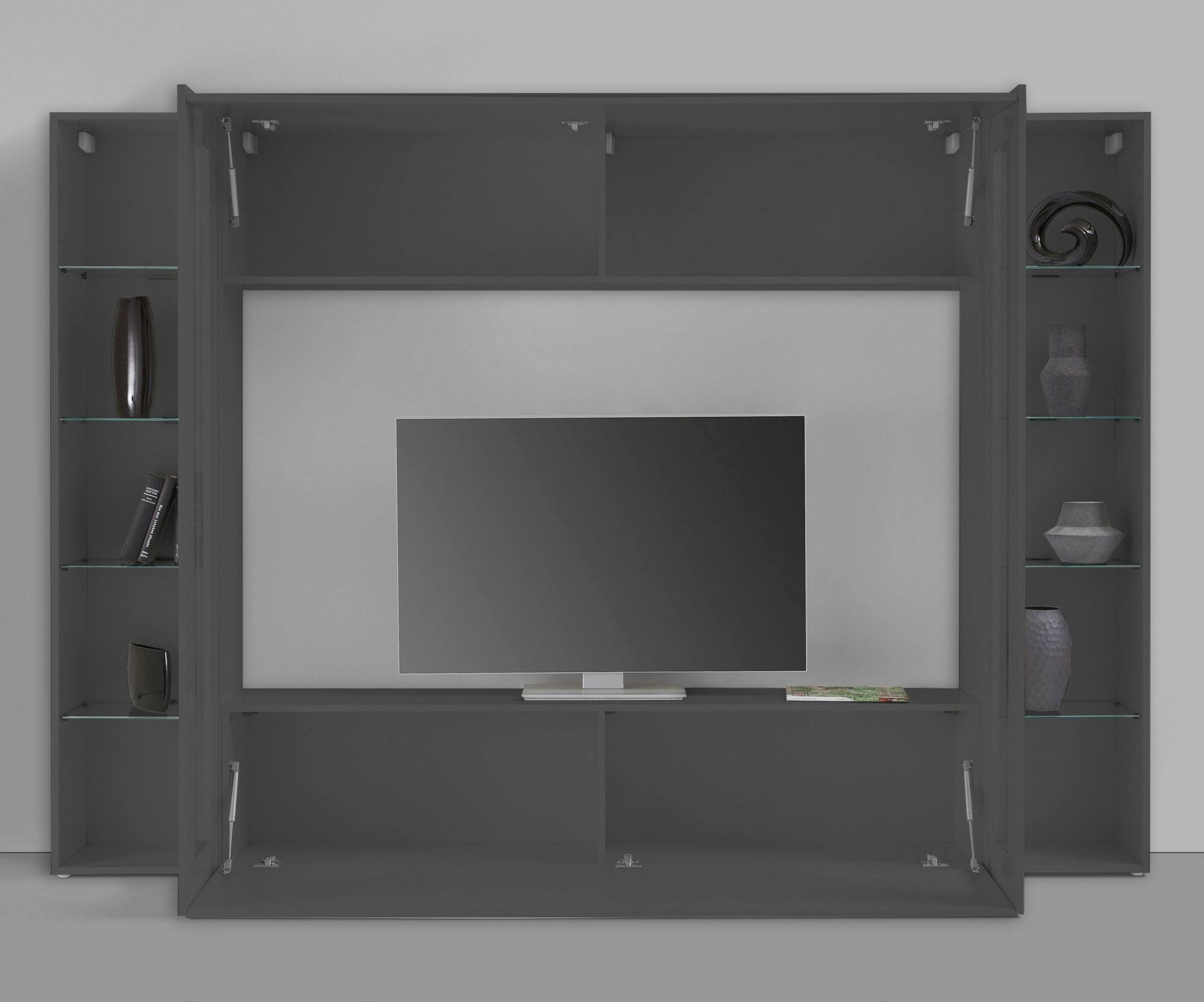 Parete attrezzata Delma, Set salotto porta TV a 4 ante, Mobile soggiorno multiuso con vetrina e luce LED, 100% Made in Italy, cm 260x30h180, Antracite