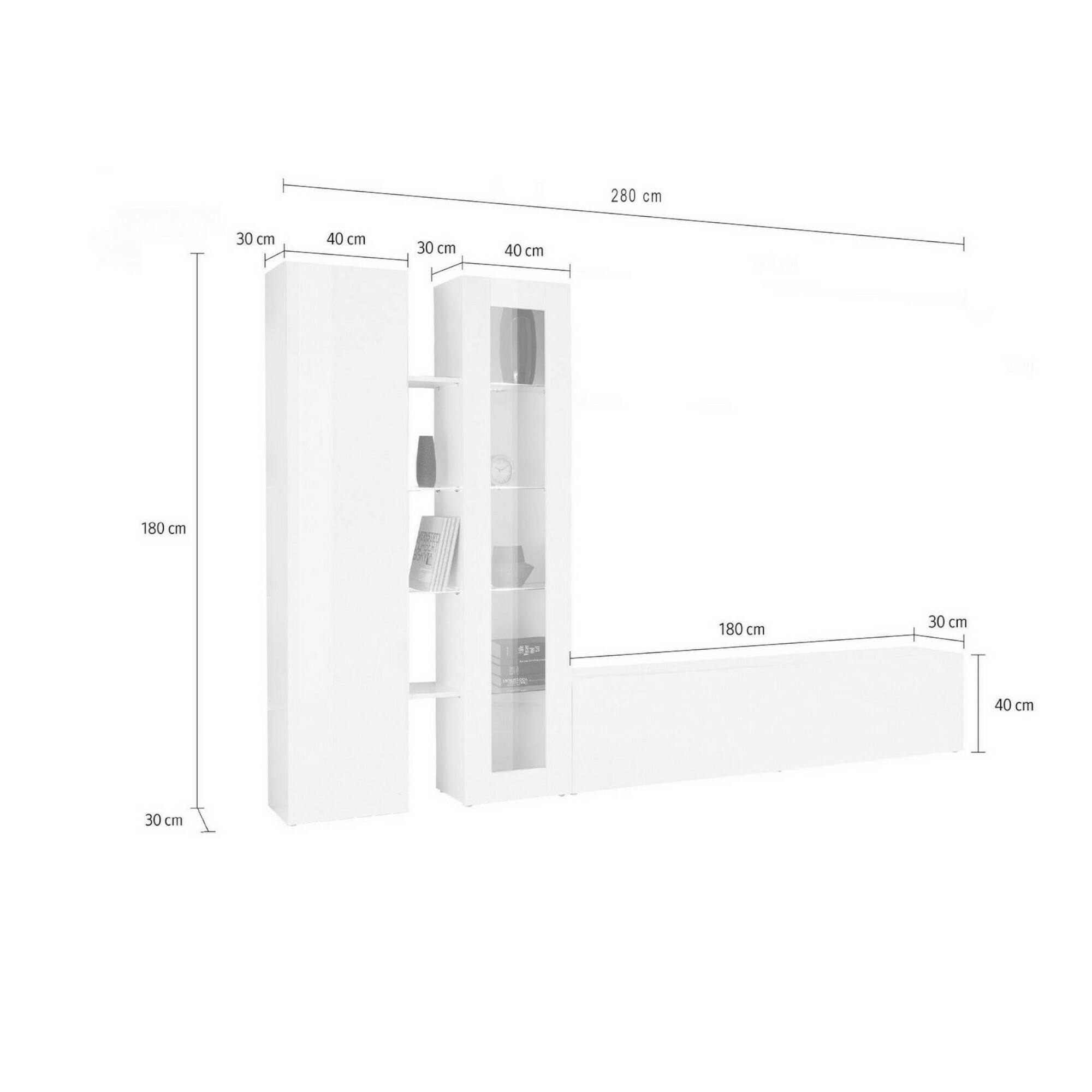 Parete attrezzata Dcau, Set salotto porta TV a 3 ante, Mobile soggiorno multiuso con vetrina e luce LED, 100% Made in Italy, cm 280x30h180, Bianco lucido