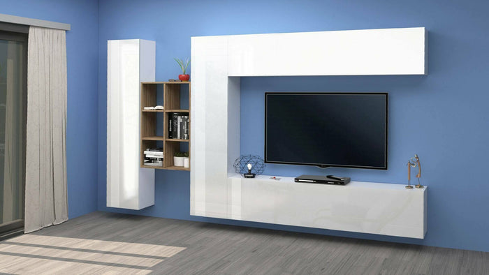 Parete attrezzata Dcaldar, Set salotto porta TV a 4 ante, Mobile soggiorno multiuso, 100% Made in Italy, cm 280x30h180, Bianco lucido e Acero