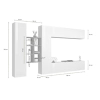 Parete attrezzata Dcaldar, Set salotto porta TV a 4 ante, Mobile soggiorno multiuso, 100% Made in Italy, cm 280x30h180, Bianco lucido e Acero