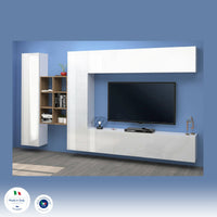 Parete attrezzata Dcaldar, Set salotto porta TV a 4 ante, Mobile soggiorno multiuso, 100% Made in Italy, cm 280x30h180, Bianco lucido e Acero