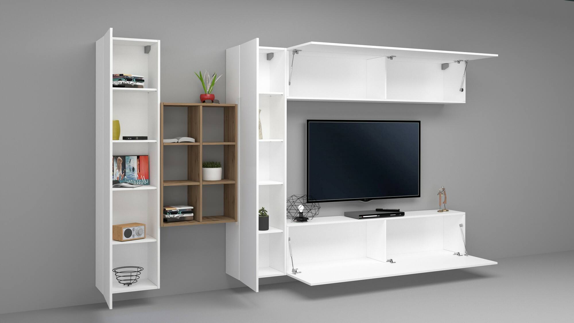 Parete attrezzata Dcaldar, Set salotto porta TV a 4 ante, Mobile soggiorno multiuso, 100% Made in Italy, cm 280x30h180, Bianco lucido e Acero