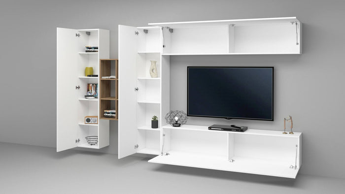 Parete attrezzata Dcaldar, Set salotto porta TV a 4 ante, Mobile soggiorno multiuso, 100% Made in Italy, cm 280x30h180, Bianco lucido e Acero