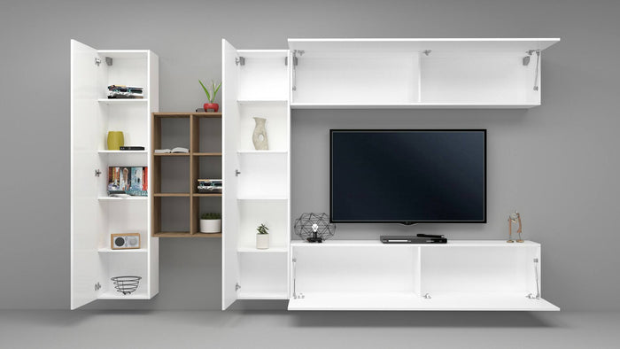 Parete attrezzata Dcaldar, Set salotto porta TV a 4 ante, Mobile soggiorno multiuso, 100% Made in Italy, cm 280x30h180, Bianco lucido e Acero