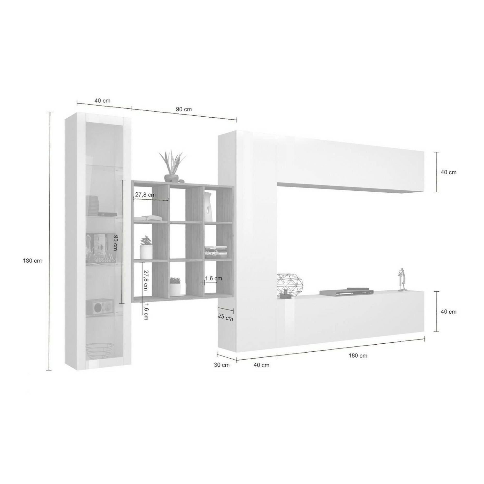 Parete attrezzata Dcapann, Set salotto porta TV a 4 ante, Mobile soggiorno multiuso con vetrina e luce LED, 100% Made in Italy, cm 310x30h180, Bianco lucido e Acero