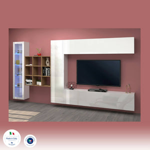 Parete attrezzata Dcapann, Set salotto porta TV a 4 ante, Mobile soggiorno multiuso con vetrina e luce LED, 100% Made in Italy, cm 310x30h180, Bianco lucido e Acero