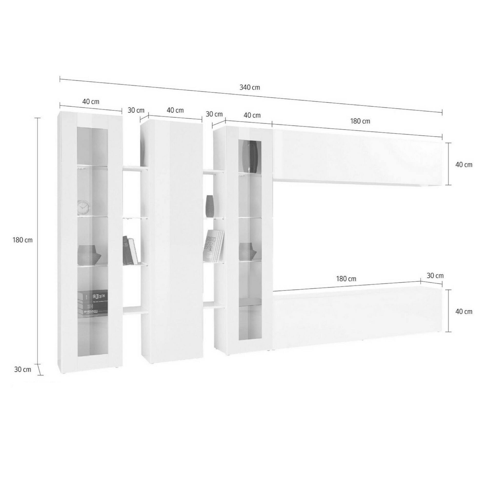 Parete attrezzata Dbenal, Set salotto porta TV a 5 ante, Mobile soggiorno multiuso, 100% Made in Italy, cm 340x30h180, Bianco lucido