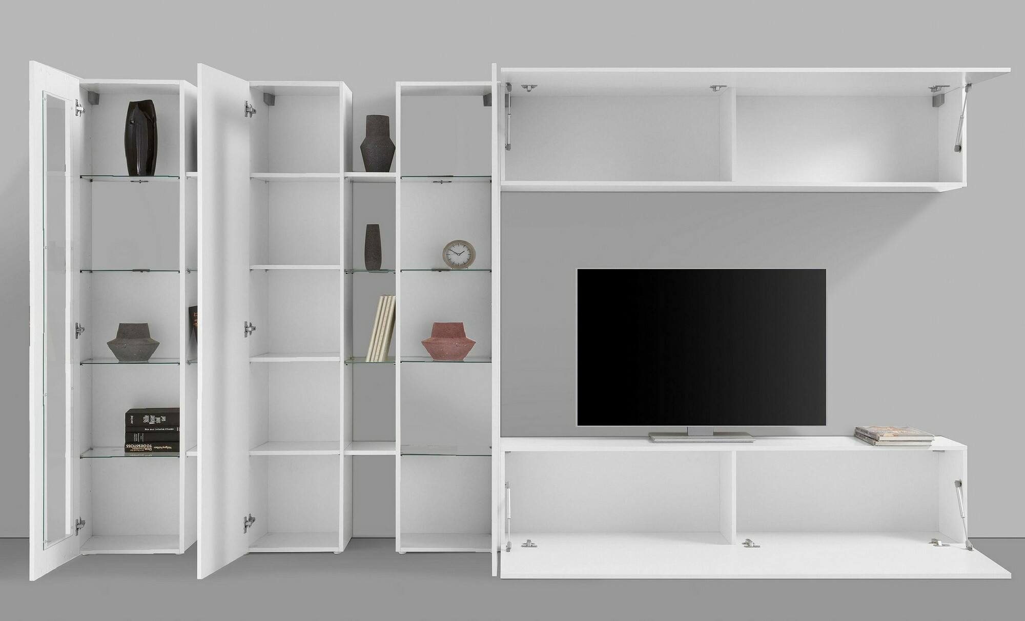 Parete attrezzata Dbenal, Set salotto porta TV a 5 ante, Mobile soggiorno multiuso, 100% Made in Italy, cm 340x30h180, Bianco lucido