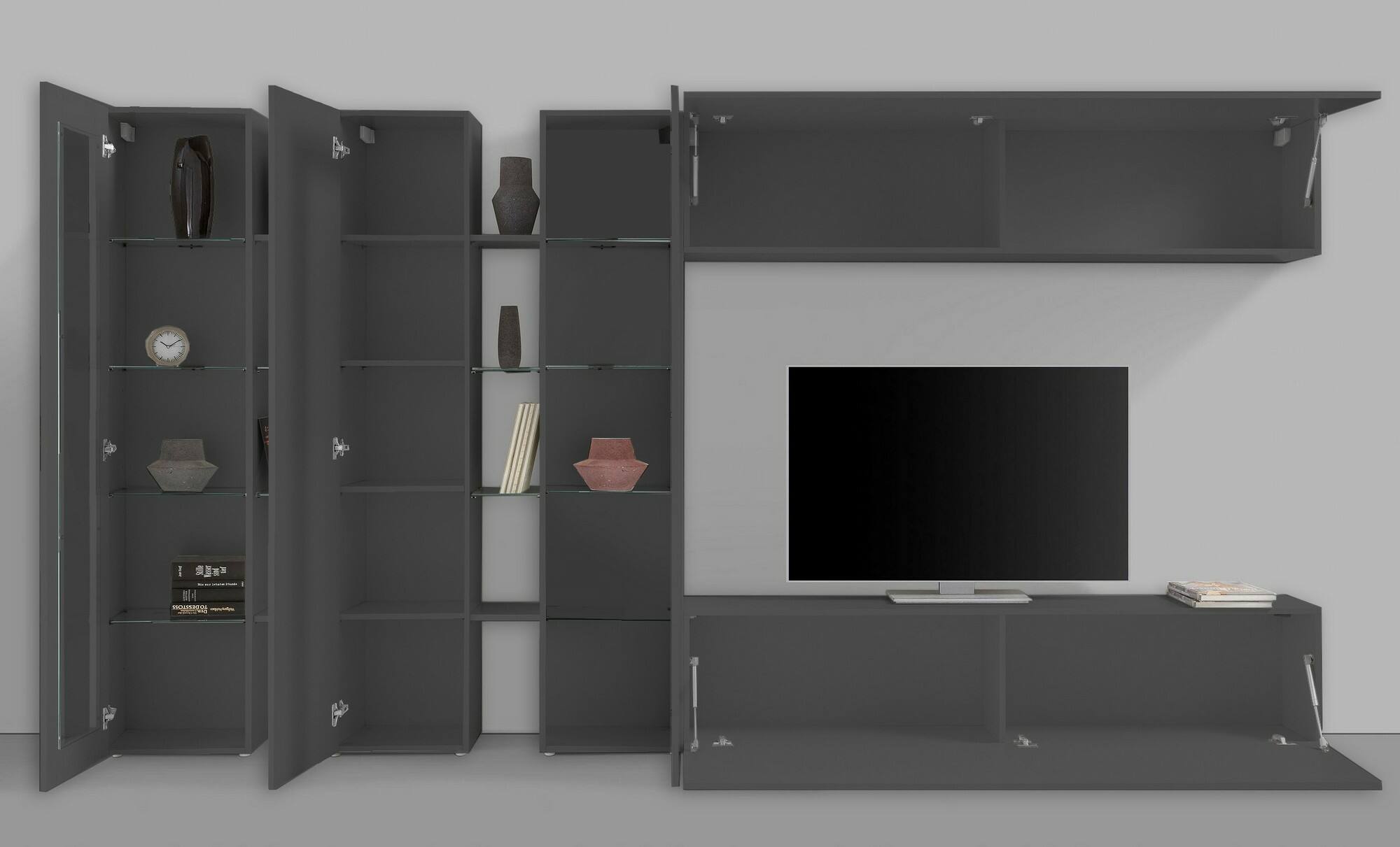 Parete attrezzata Dbenal, Set salotto porta TV a 5 ante, Mobile soggiorno multiuso, 100% Made in Italy, cm 340x30h180, Antracite