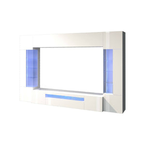 Parete attrezzata Dberard, Set salotto porta TV a 6 ante, Mobile soggiorno multiuso con luce LED, 100% Made in Italy, cm 290x40h191, Bianco lucido