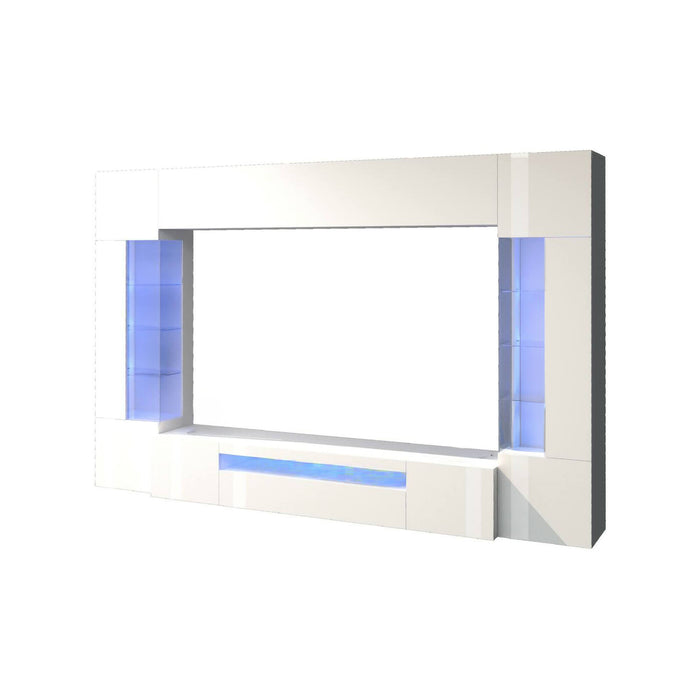 Parete attrezzata Dberard, Set salotto porta TV a 6 ante, Mobile soggiorno multiuso con luce LED, 100% Made in Italy, cm 290x40h191, Bianco lucido