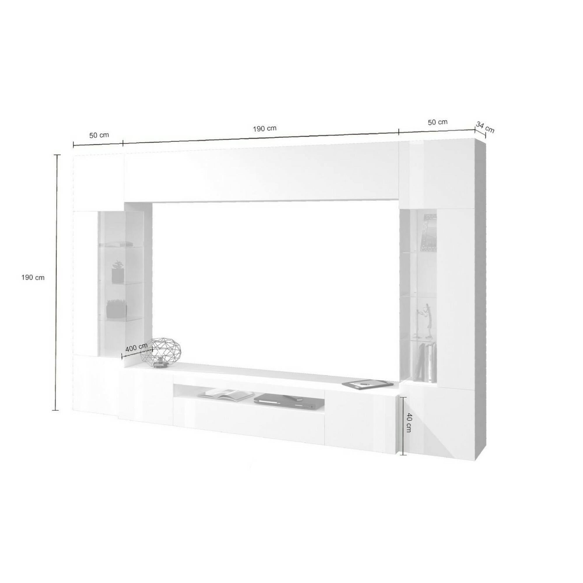 Parete attrezzata Dberard, Set salotto porta TV a 6 ante, Mobile soggiorno multiuso con luce LED, 100% Made in Italy, cm 290x40h191, Bianco lucido