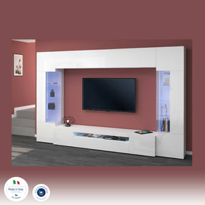 Parete attrezzata Dberard, Set salotto porta TV a 6 ante, Mobile soggiorno multiuso con luce LED, 100% Made in Italy, cm 290x40h191, Bianco lucido