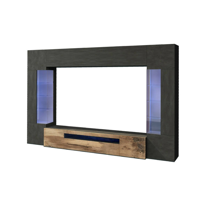 Parete attrezzata Dberard, Set salotto porta TV a 6 ante, Mobile soggiorno multiuso con luce LED, 100% Made in Italy, cm 290x40h191, Antracite e Acero