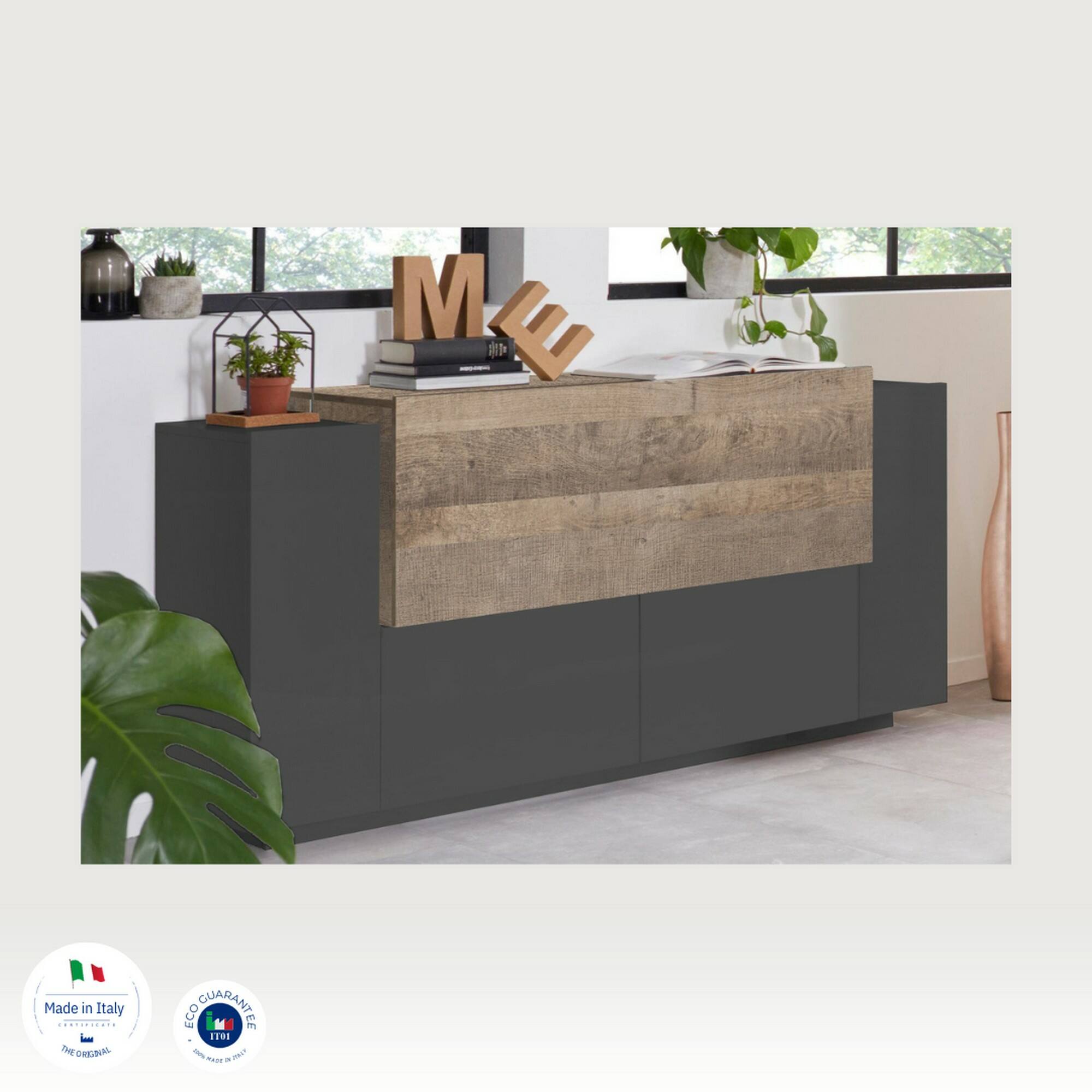 Credenza Dlenz, Madia da cucina a 2 ante e 2 cassetti, Buffet da soggiorno, 100% Made in Italy, cm 160x45h86, Antracite e Acero