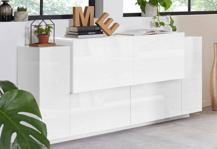 Credenza Dlenz, Madia da cucina a 2 ante e 2 cassetti, Buffet da soggiorno, 100% Made in Italy, cm 160x45h86, Bianco lucido