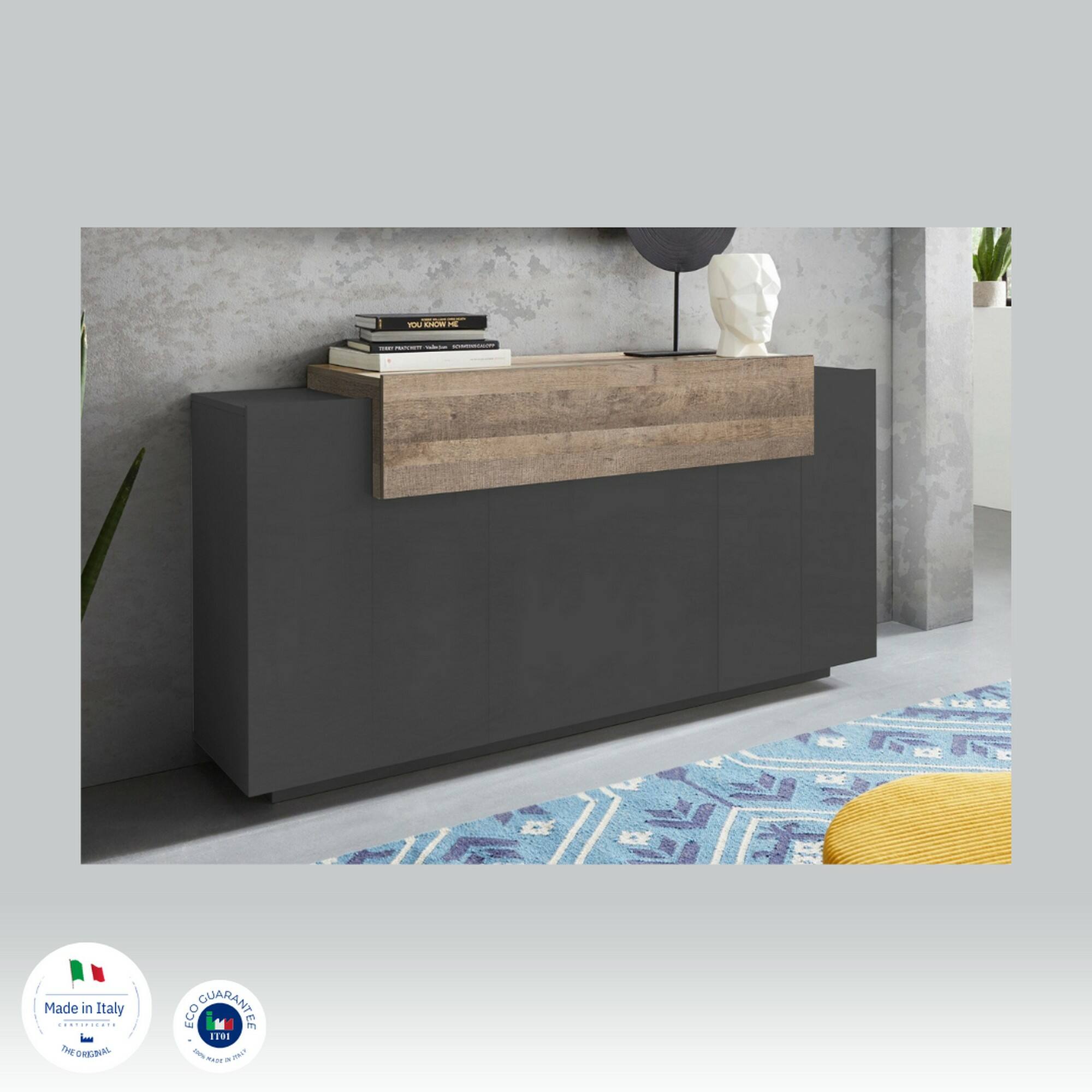 Credenza Dmem, Madia da cucina a 3 ante, Buffet da soggiorno, 100% Made in Italy, cm 160x46h85, Antracite e Acero