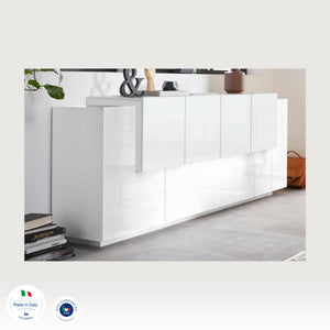 Credenza Ddionis, Madia da cucina a 7 ante, Buffet da soggiorno, Madia da cucina, 100% Made in Italy, cm 200x45h86, Bianco lucido