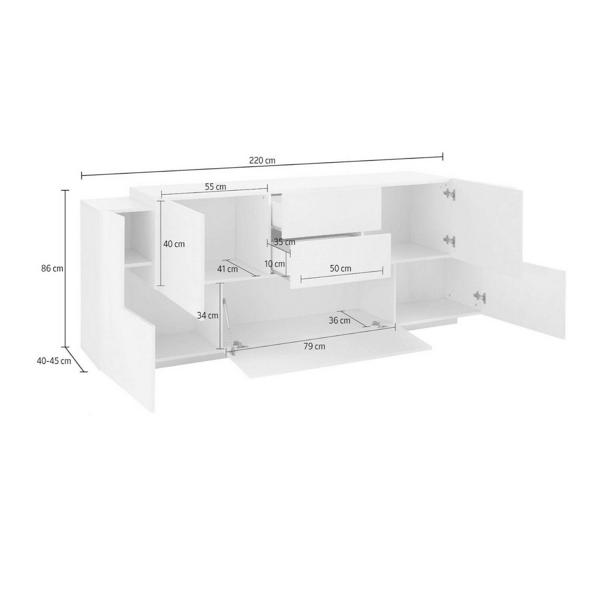 Credenza Dbaian, Madia da cucina a 5 ante e 2 cassetti, Buffet da soggiorno, Madia da cucina, 100% Made in Italy, cm 220x45h86, Bianco lucido