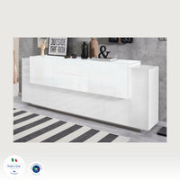 Credenza Dbaian, Madia da cucina a 5 ante e 2 cassetti, Buffet da soggiorno, Madia da cucina, 100% Made in Italy, cm 220x45h86, Bianco lucido