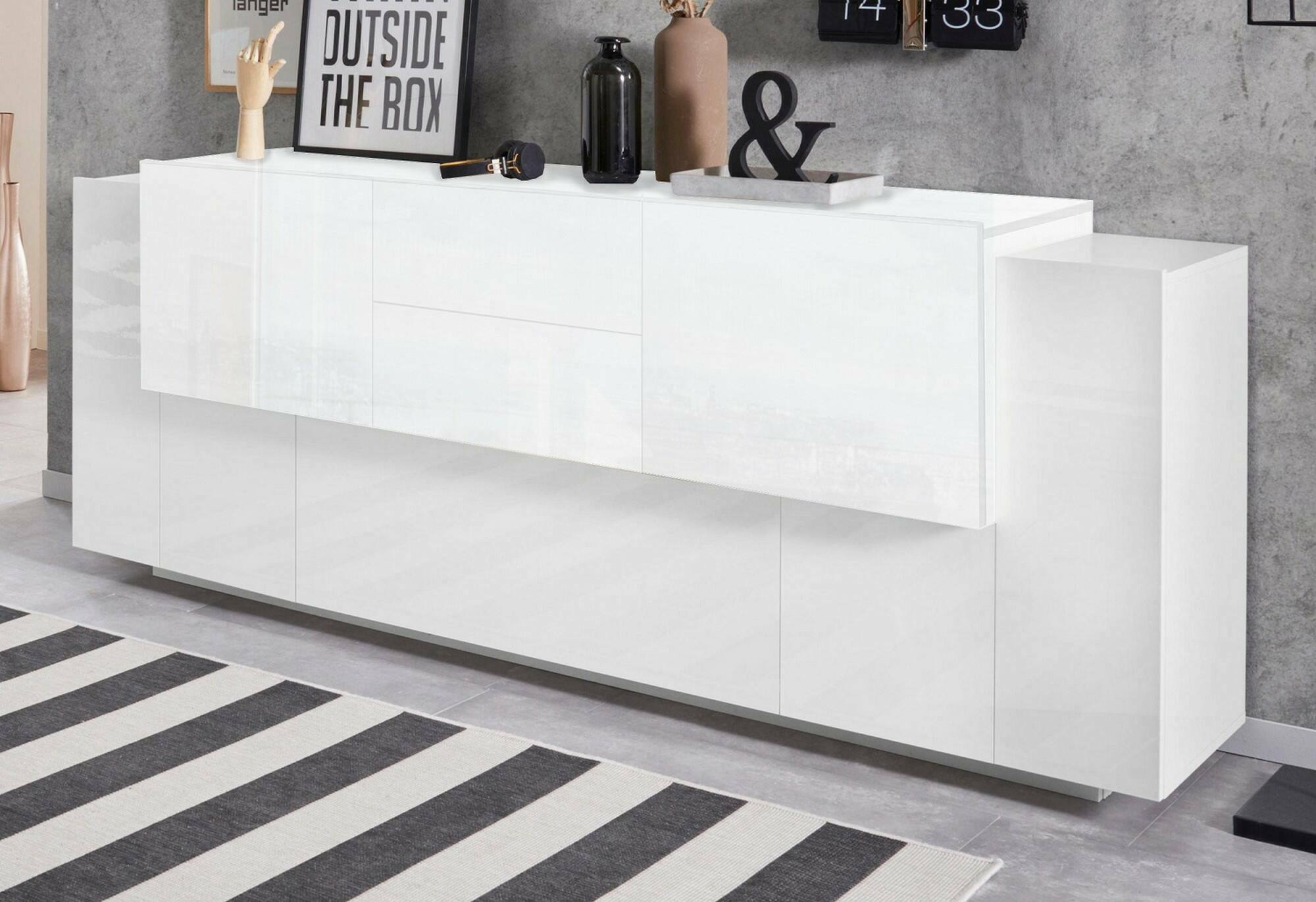 Credenza Dbaian, Madia da cucina a 5 ante e 2 cassetti, Buffet da soggiorno, Madia da cucina, 100% Made in Italy, cm 220x45h86, Bianco lucido