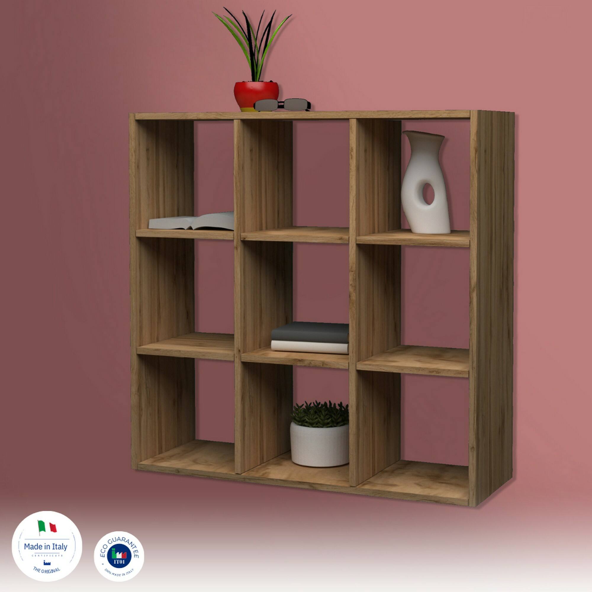 Libreria Dmanzar, Mobile con ripiani, Biblioteca da ufficio, 100% Made in Italy, Rovere, cm 90x25h90