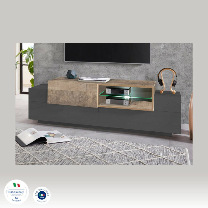 Mobile porta TV Dlodrin, Credenza bassa da soggiorno, Base porta TV, 100% Made in Italy, cm 160x45h51, Antracite e Acero