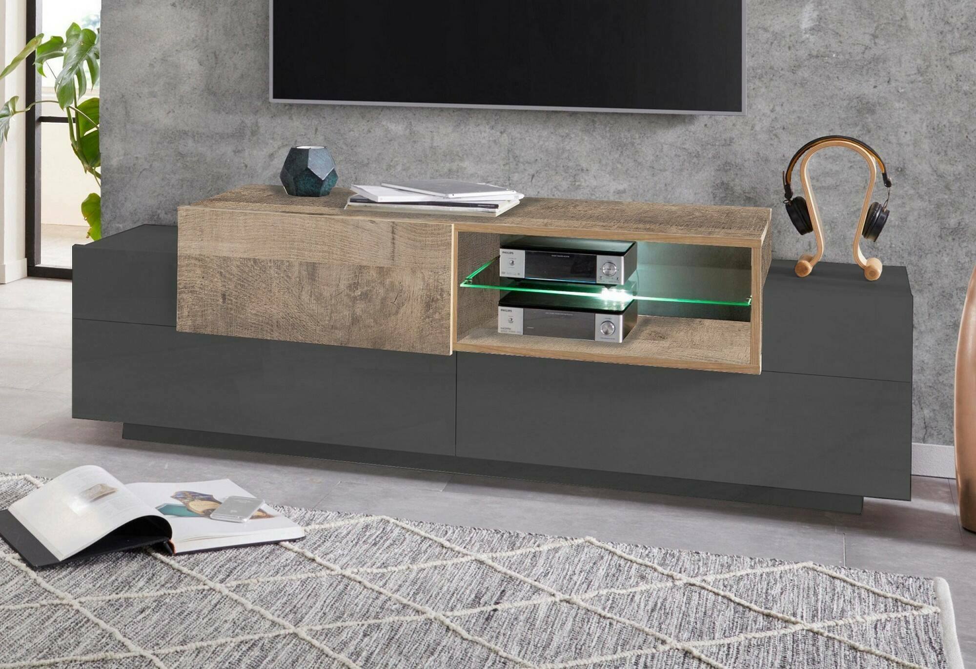 Mobile porta TV Dlodrin, Credenza bassa da soggiorno, Base porta TV, 100% Made in Italy, cm 160x45h51, Antracite e Acero