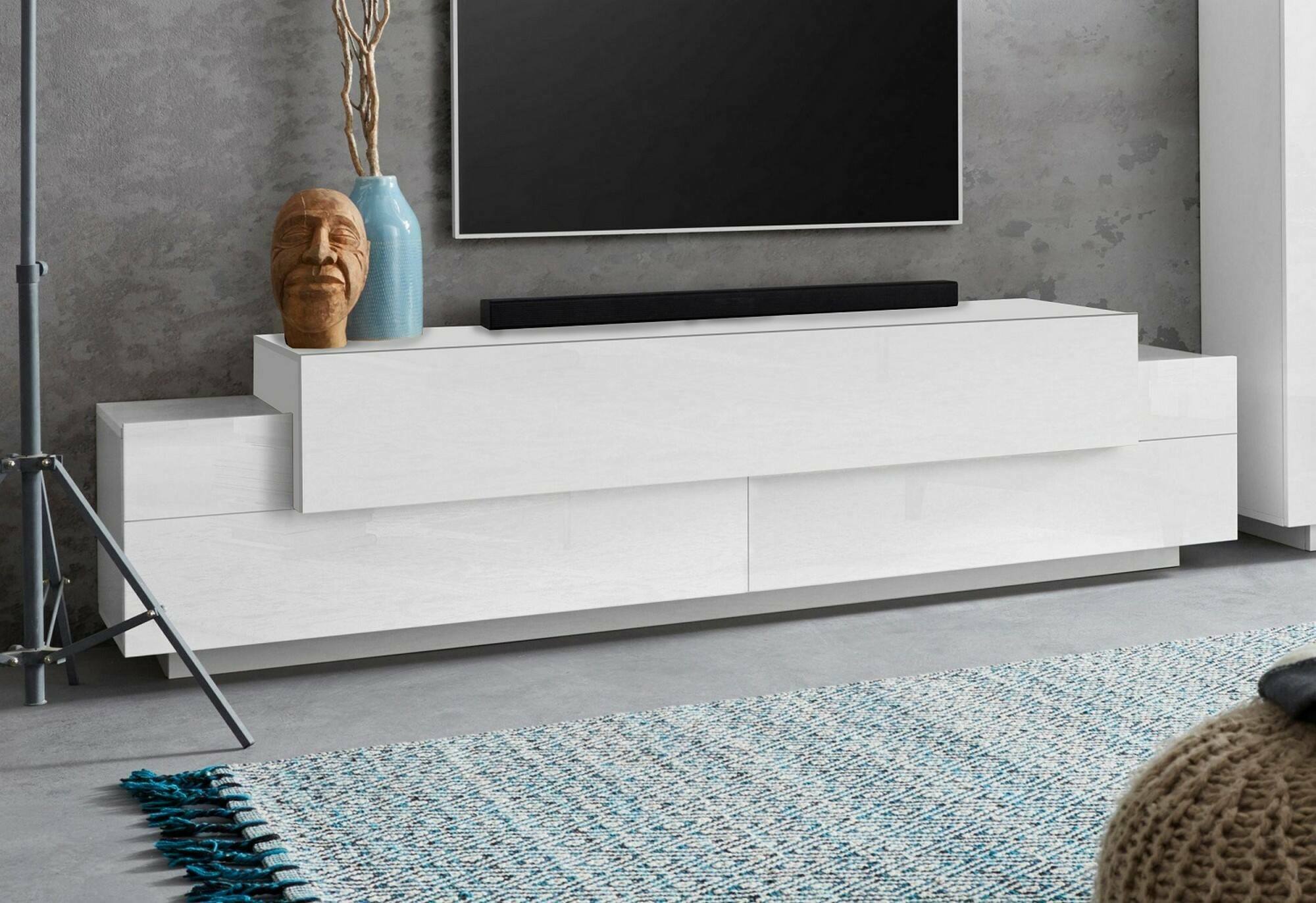 Mobile porta TV Dmirand, Credenza bassa da soggiorno, Base porta TV, 100% Made in Italy, cm 200x45h52, Bianco lucido