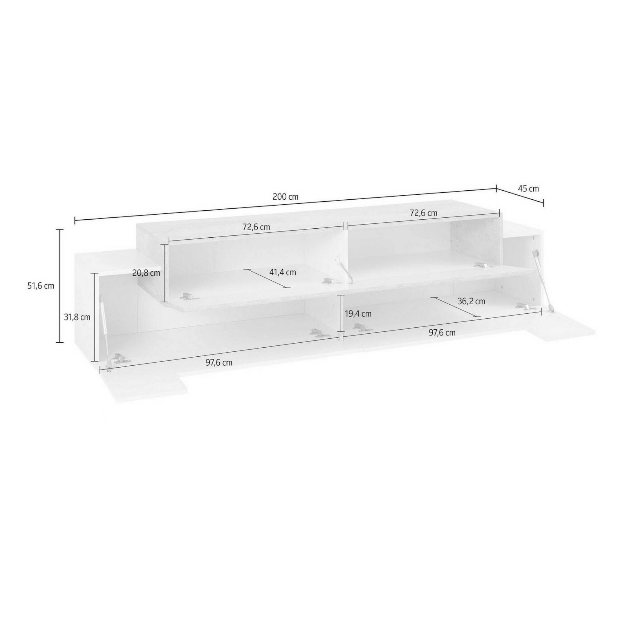 Mobile porta TV Dmirand, Credenza bassa da soggiorno, Base porta TV, 100% Made in Italy, cm 200x45h52, Bianco lucido